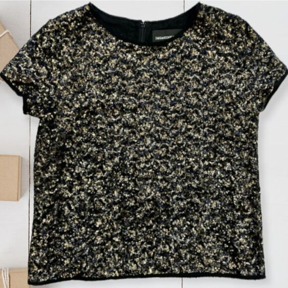 ZADIG & VOLTAIRE SILK BLEND TRUSTY SEQUIN GOLD SILVER EYELASH TRIM BOXY FIT TOP - Picture 10 of 16